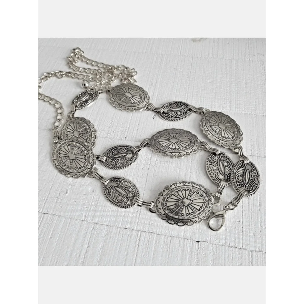 Silver Concho Chain Boho waist Belt Chunky Adjustable Western Festival Medallion